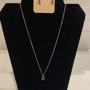 Avon Gold Necklace set with teal gemstone Pendant, post earrings vintage
